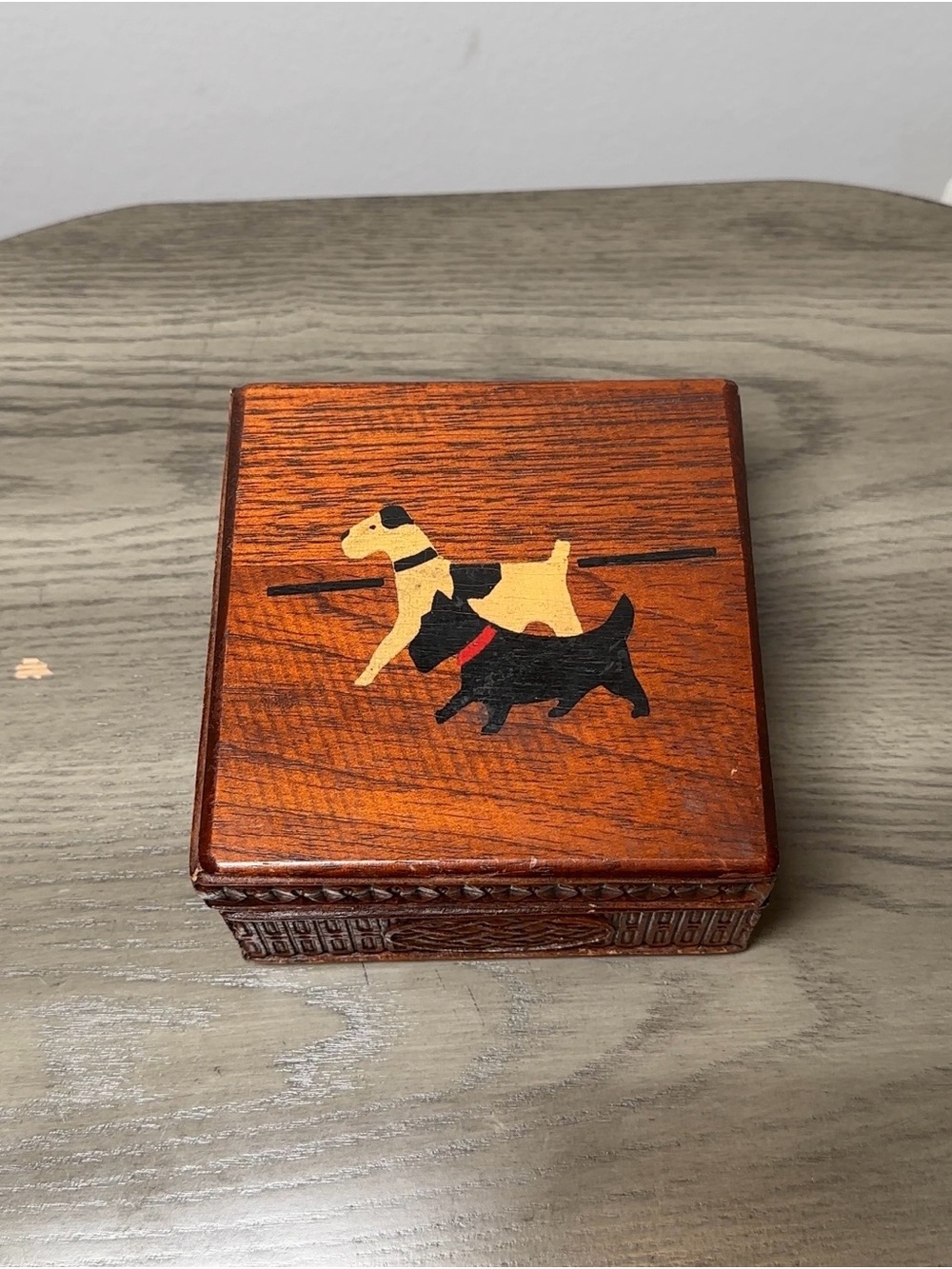 Vintage Wooden Scottie Dog Square Trinket Box